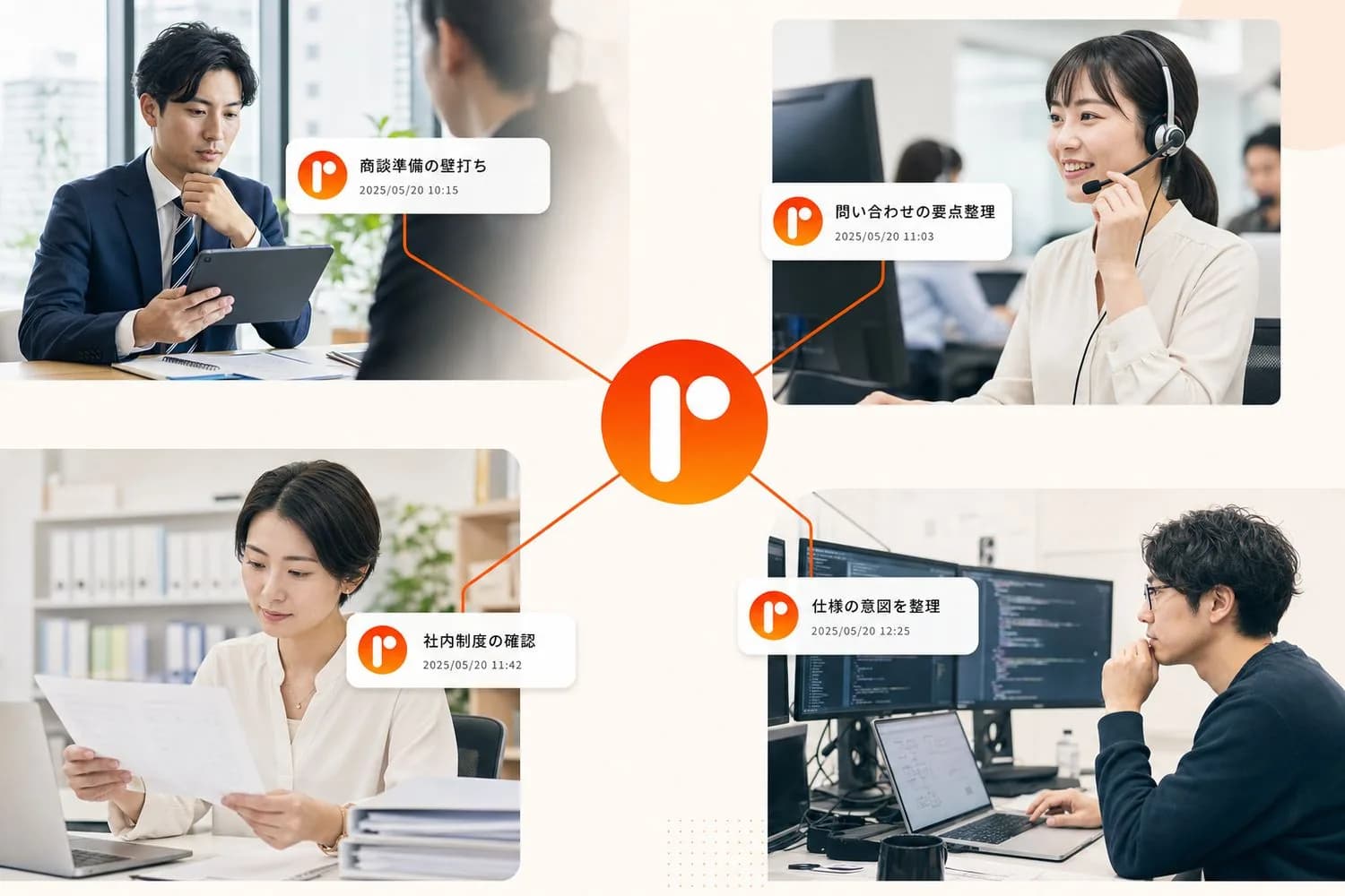 営業・サポート・バックオフィス・エンジニアなど様々な部門が同じAIを活用するイメージ