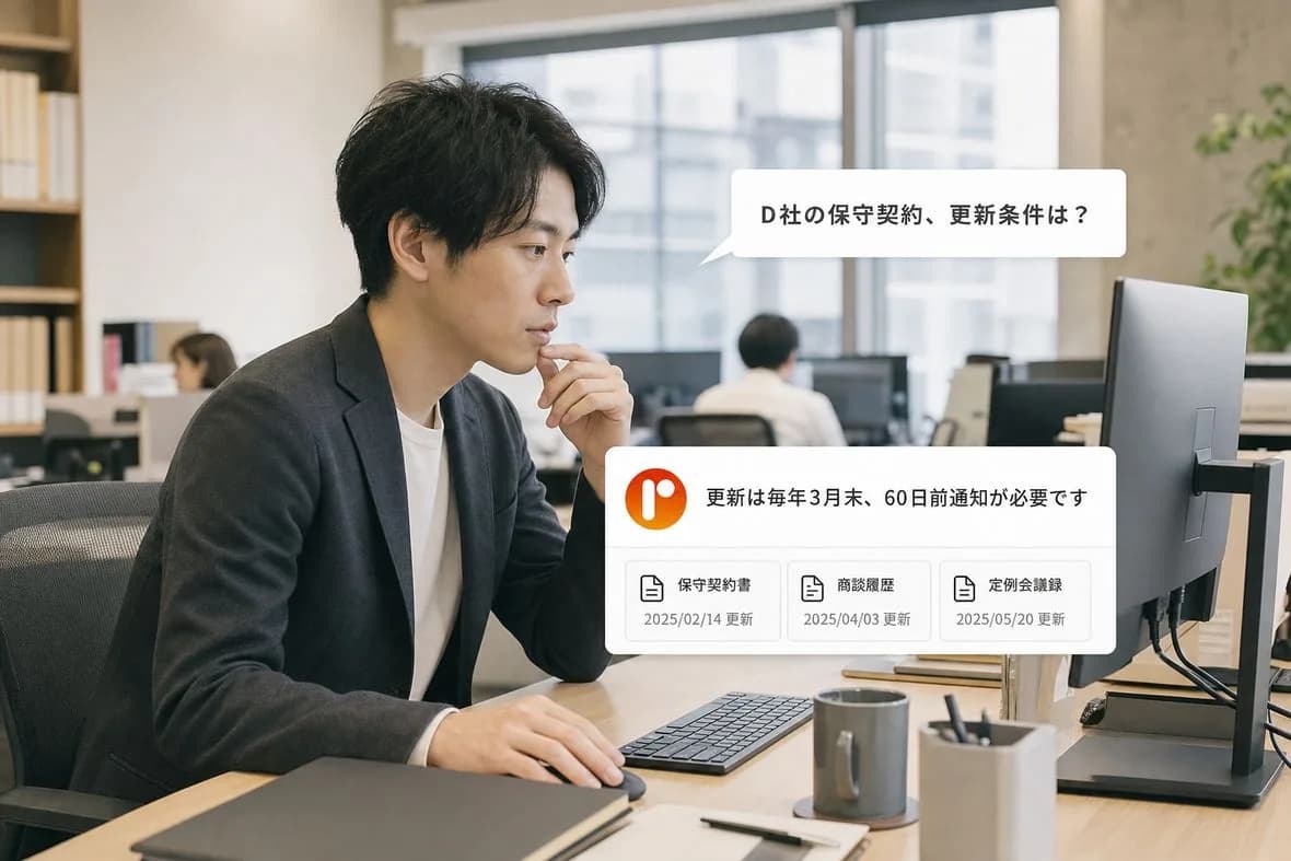 社内資料・チャット・会議録を横断して、AIが根拠付きで回答するイメージ